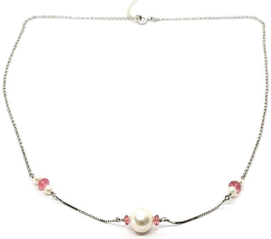 18k white gold necklace, white pearl, pink tourmaline, rolo & venetian chain.