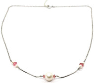 18k white gold necklace, white pearl, pink tourmaline, rolo & venetian chain.
