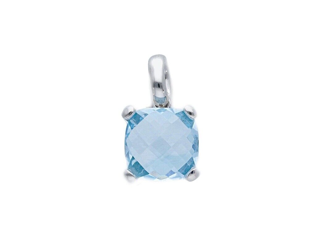 solid 18k white gold four prongs pendant with big 10mm blue topaz, cushion cut.