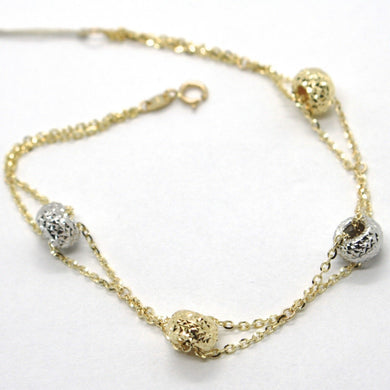 18K YELLOW WHITE GOLD BRACELET FINELY WORKED 8 MM CIRCLES & ROLO LINK 7.9 INCHES.