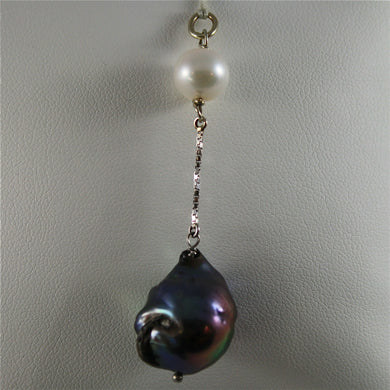 SOLID 18K WHITE GOLD PENDANT, 2,32 In, WHITE ROUND PEARL & BLACK BAROQUE PEARL..