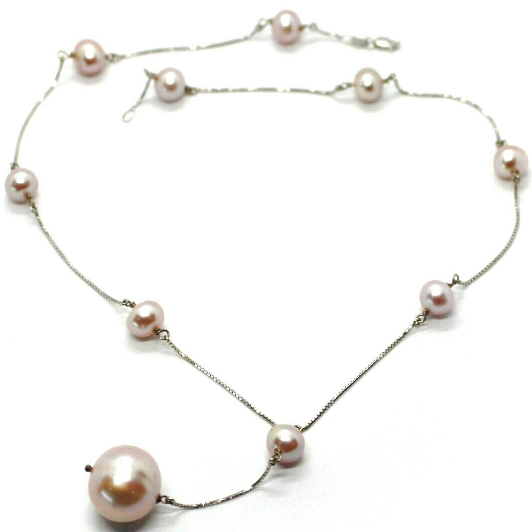 18k white gold lariat necklace, venetian chain alternate purple big pearls 16 mm