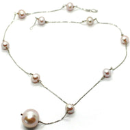18k white gold lariat necklace, venetian chain alternate purple big pearls 16 mm.
