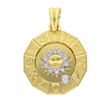 Load image into Gallery viewer, solid 18k yellow gold zodiac sign round 27mm diamond sun zodiacal medal pendant.
