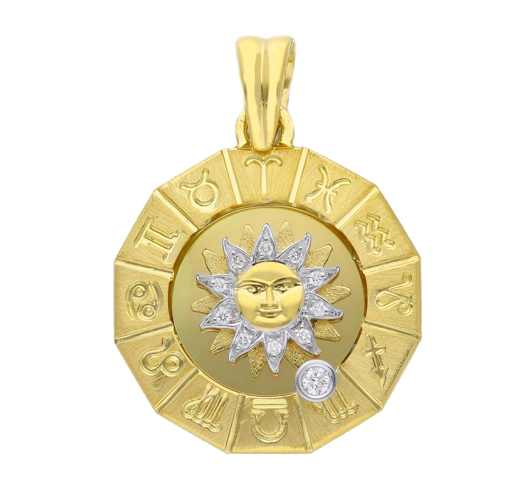 solid 18k yellow gold zodiac sign round 27mm diamond sun zodiacal medal pendant.