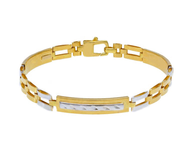 18K YELLOW WHITE GOLD MAN SEMI RIGID BRACELET ALTERNATE 5mm PLATES WITH OVALS.