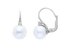 Load image into Gallery viewer, 18k white gold leverback earrings 8.5/9mm freshwater pearls and cubic zirconia.
