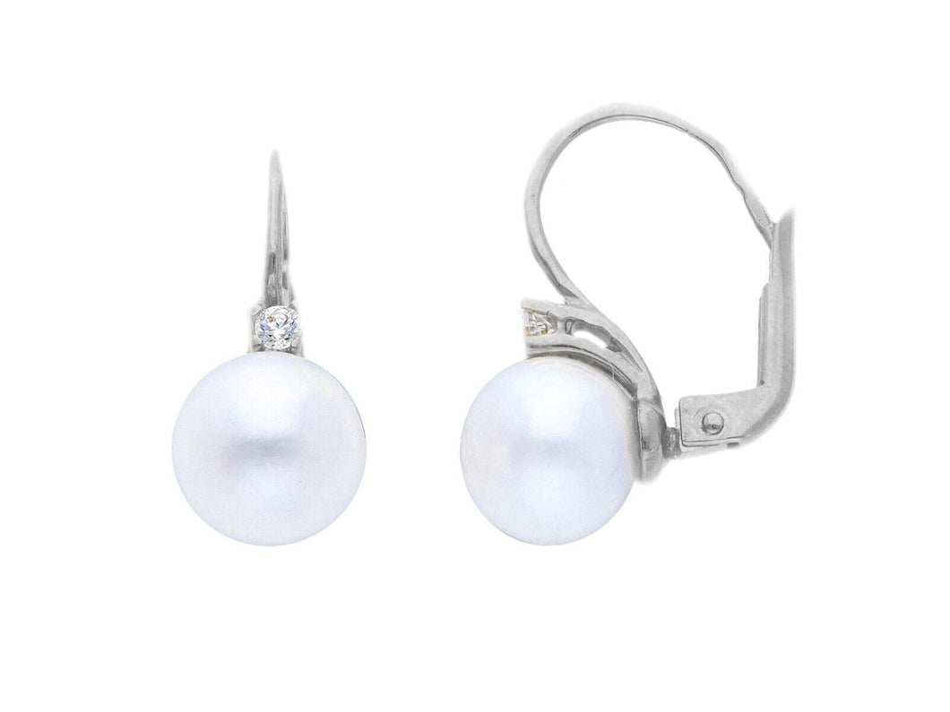 18k white gold leverback earrings 8.5/9mm freshwater pearls and cubic zirconia.