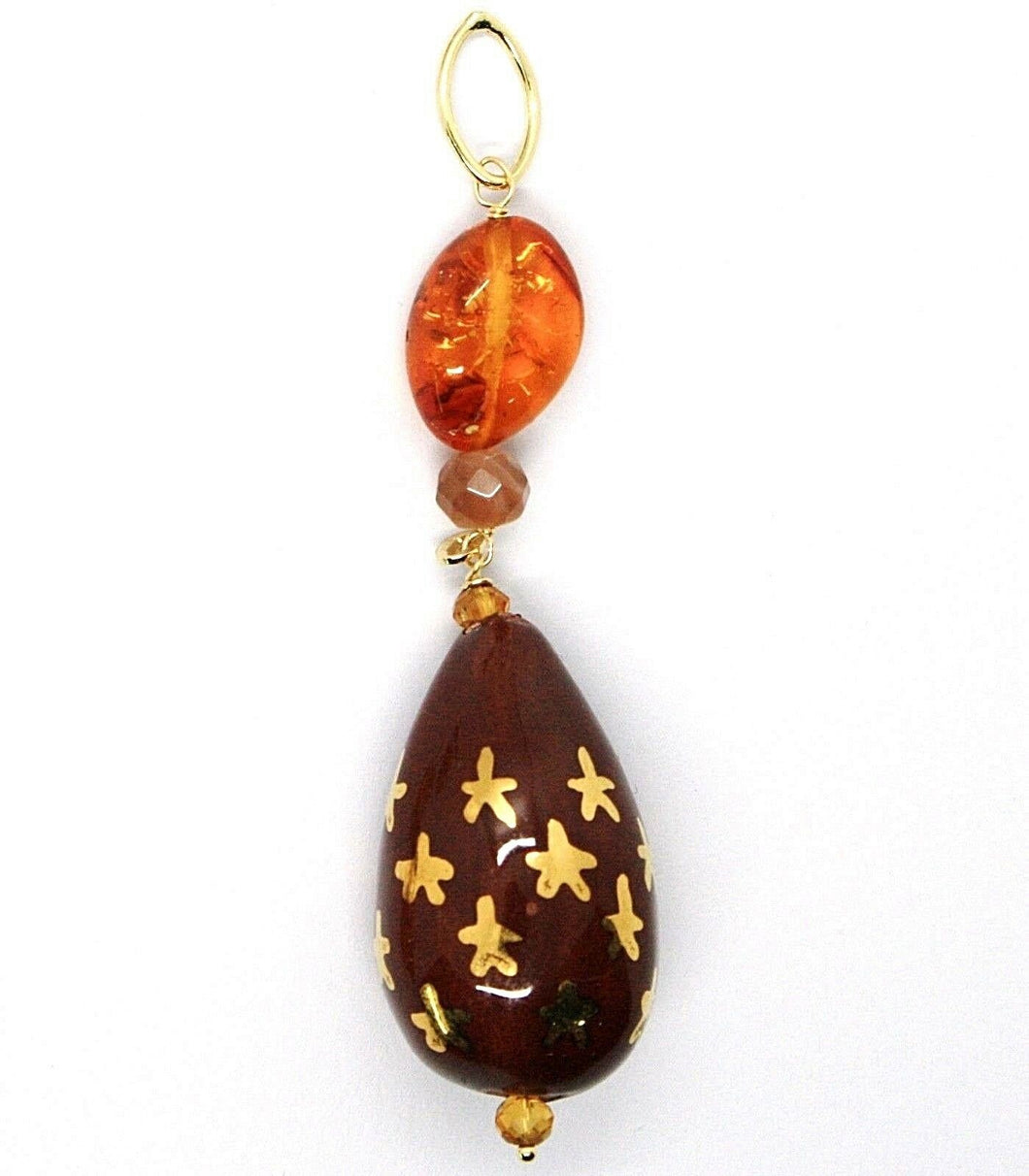 18K YELLOW GOLD PENDANT AMBER CITRINE ADULARIA, POTTERY DROPS HAND PAINTED STA.