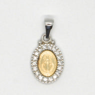 18K YELLOW WHITE GOLD ZIRCONIA MINI MIRACULOUS MEDAL VIRGIN MARY MADONNA, ITALY.