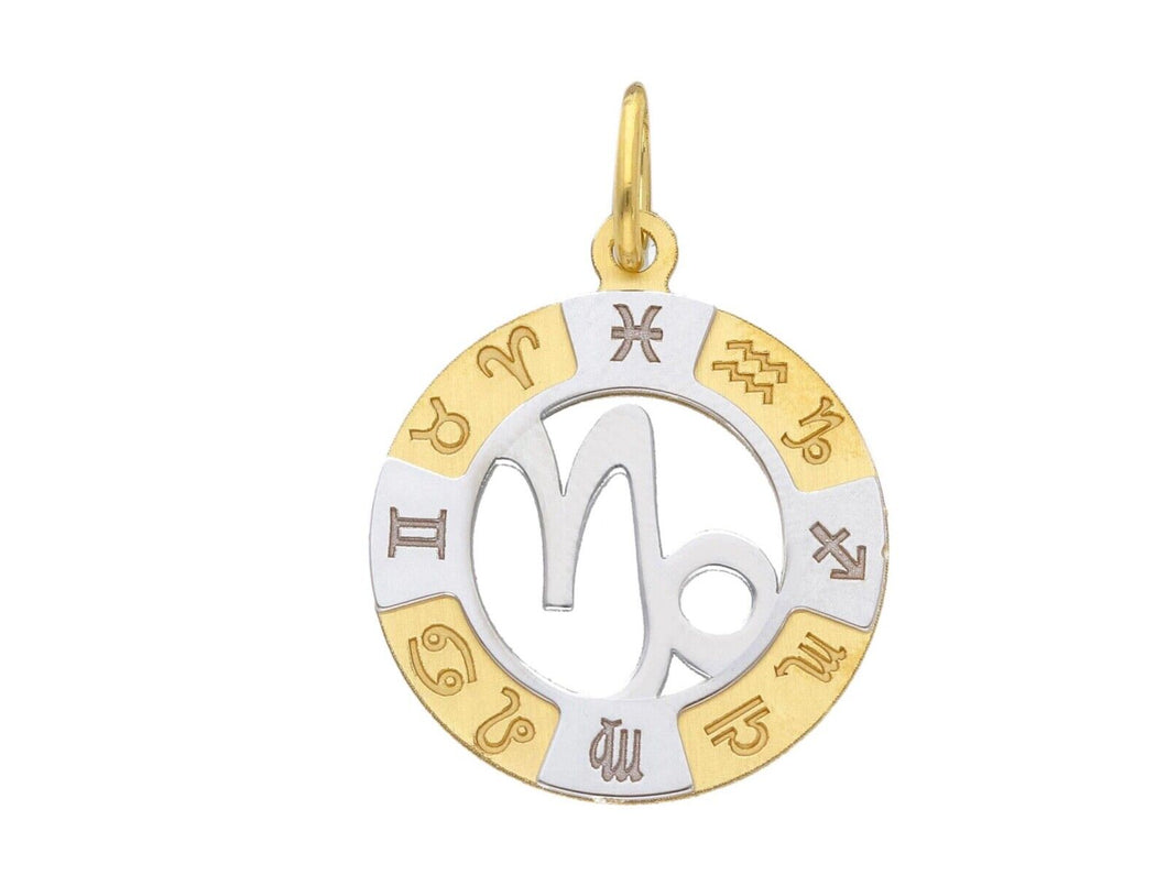 18k yellow white gold zodiac sign round 20mm medal pendant, zodiacal capricorn.