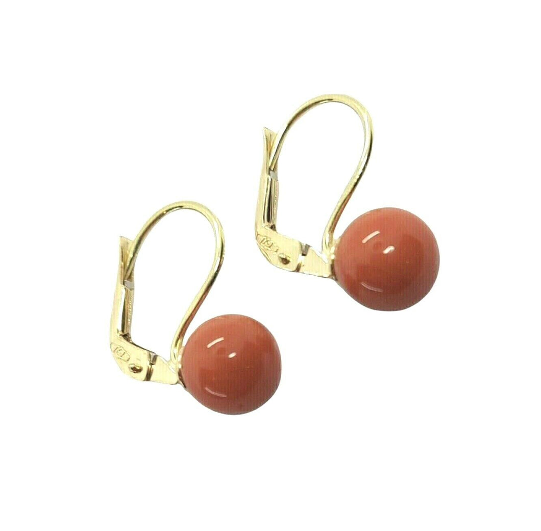 18k yellow gold leverback earrings balls spheres red coral button, 8mm, 0.31