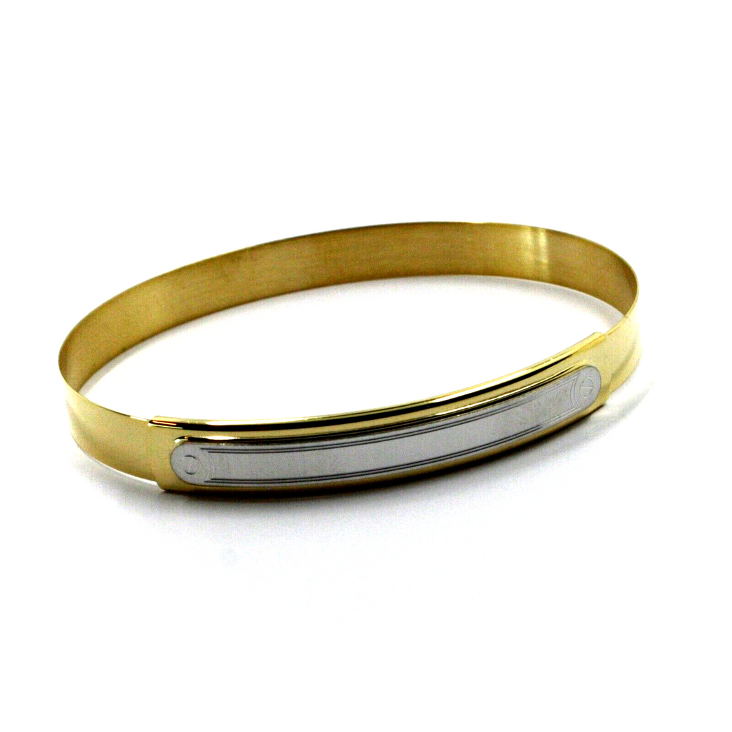 SOLID 18K YELLOW WHITE GOLD UNISEX RIGID BANGLE 7 mm FLAT BRACELET, SATIN PLATE.