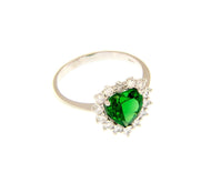 18k white gold heart ring with green crystal and cubic zirconia frame.