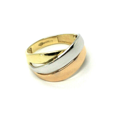 18K ROSE YELLOW WHITE GOLD BAND SMOOTH RING, THREE CROSSED STRIPS, MADE IN ITALY.