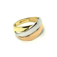 18K ROSE YELLOW WHITE GOLD BAND SMOOTH RING, THREE CROSSED STRIPS, MADE IN ITALY.