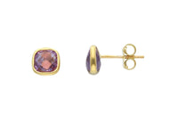 18K YELLOW GOLD STUD BUTTON EARRINGS SQUARE AMETHYST CUSHION CUT, LENGTH 8mm.