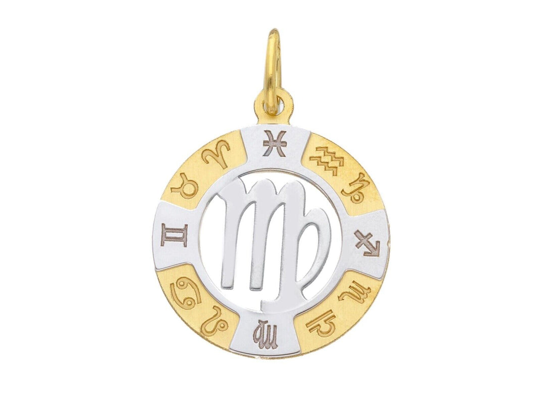 18k yellow white gold zodiac sign round 20mm medal pendant, zodiacal, virgo.