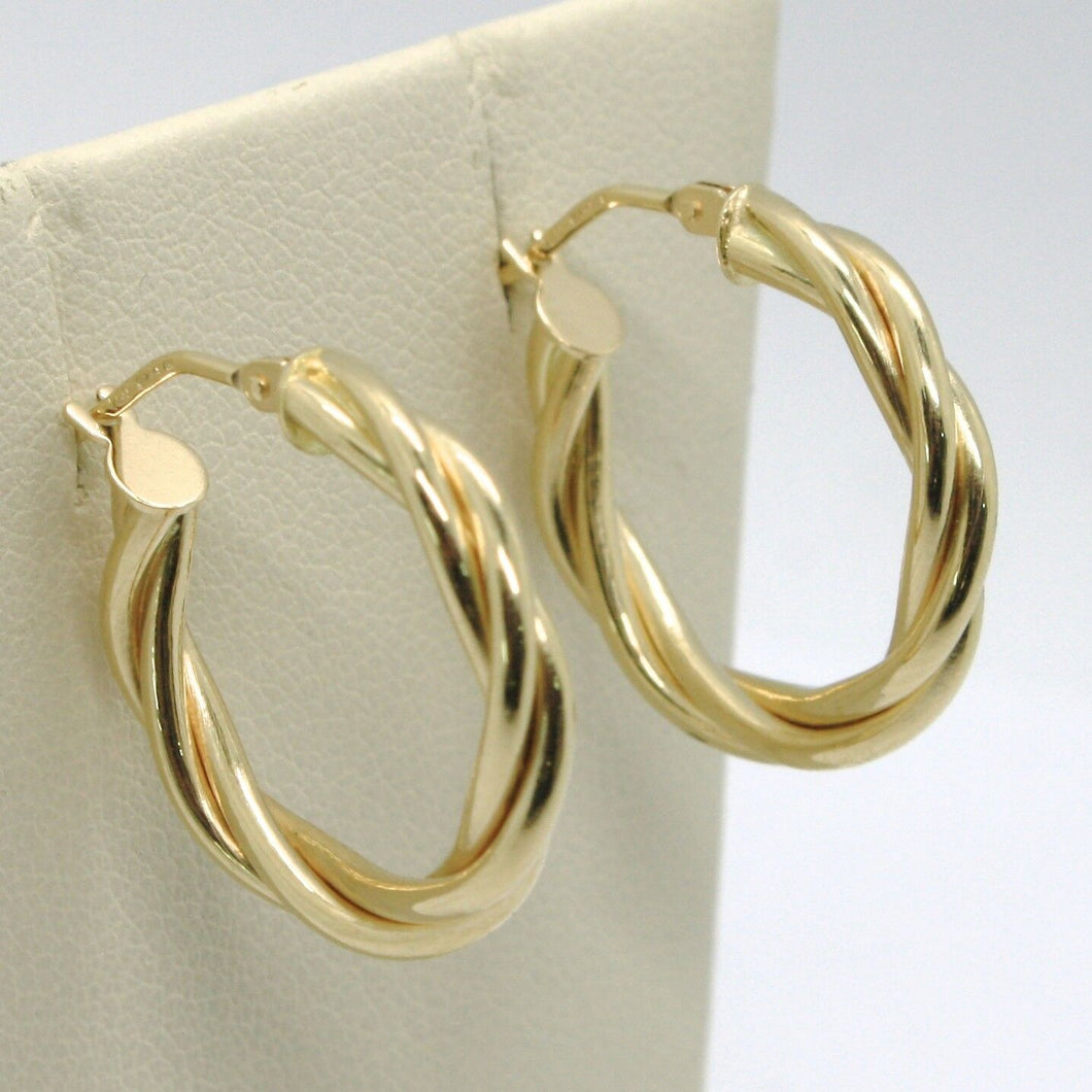 18K YELLOW GOLD CIRCLE HOOPS DOUBLE TUBE TWISTED EARRINGS 22 MM x 3.5 MM, ITALY.