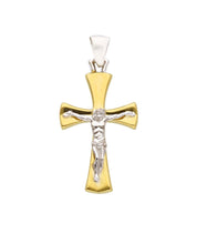 Load image into Gallery viewer, 18K YELLOW WHITE GOLD ROUNDED STYLIZED CROSS PENDANT, SMOOTH JESUS CHRIST, 30mm.
