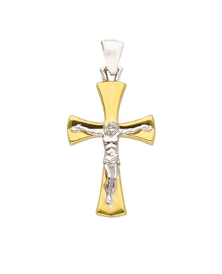 18K YELLOW WHITE GOLD ROUNDED STYLIZED CROSS PENDANT, SMOOTH JESUS CHRIST, 30mm.