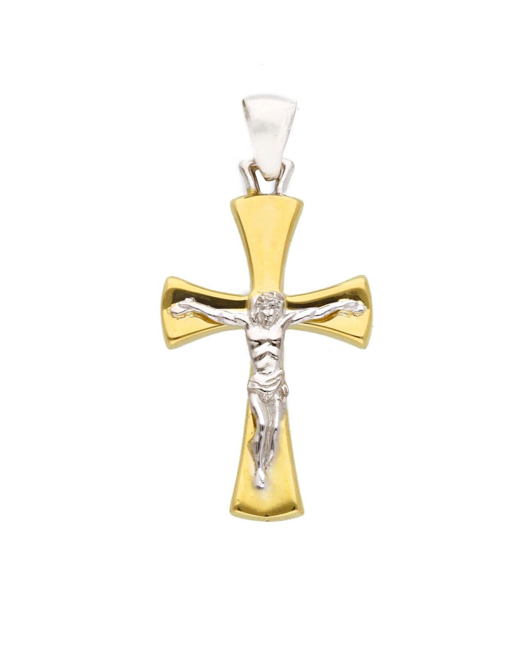 18K YELLOW WHITE GOLD ROUNDED STYLIZED CROSS PENDANT, SMOOTH JESUS CHRIST, 30mm.