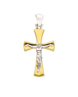 18K YELLOW WHITE GOLD ROUNDED STYLIZED CROSS PENDANT, SMOOTH JESUS CHRIST, 30mm.