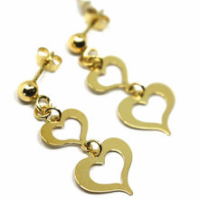 Load image into Gallery viewer, 18K YELLOW GOLD PENDANT EARRINGS, DOUBLE FLAT HEARTS, 3cm, 1.2 INCHES.
