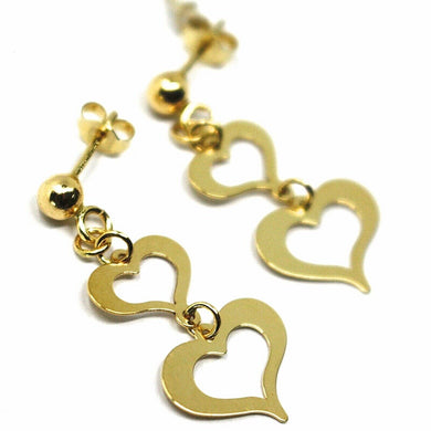 18K YELLOW GOLD PENDANT EARRINGS, DOUBLE FLAT HEARTS, 3cm, 1.2 INCHES.