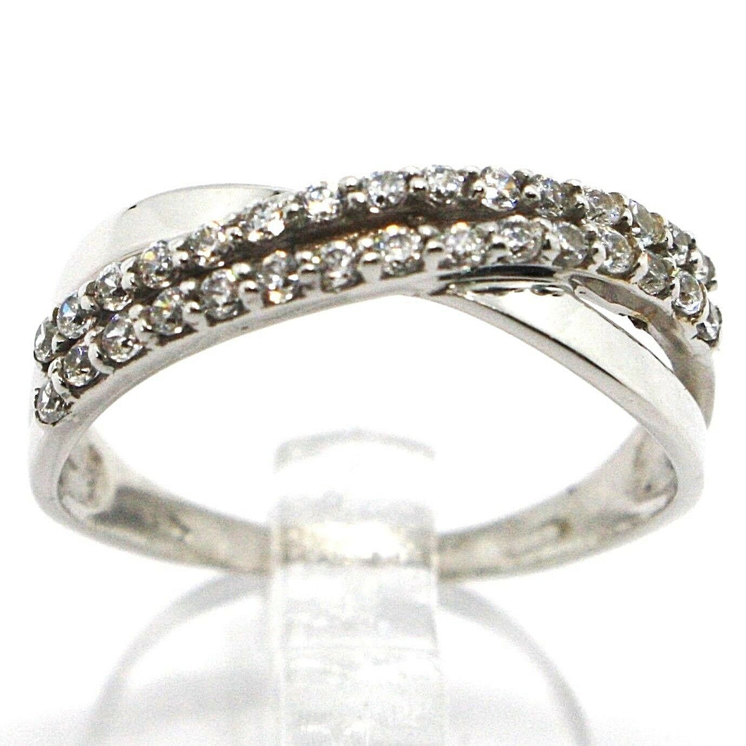 SOLID 18K WHITE GOLD BAND RING, CUBIC ZIRCONIA, DOUBLE WAVE, ONDULATE, BRAID.