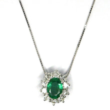 Load image into Gallery viewer, 18k white gold necklace, flower pendant, oval emerald 0.74 diamonds frame 0.52
