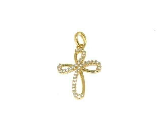 18K YELLOW GOLD 11mm ONDULATE FOUR LEAF CROSS WITH WHITE ROUND CUBIC ZIRCONIA