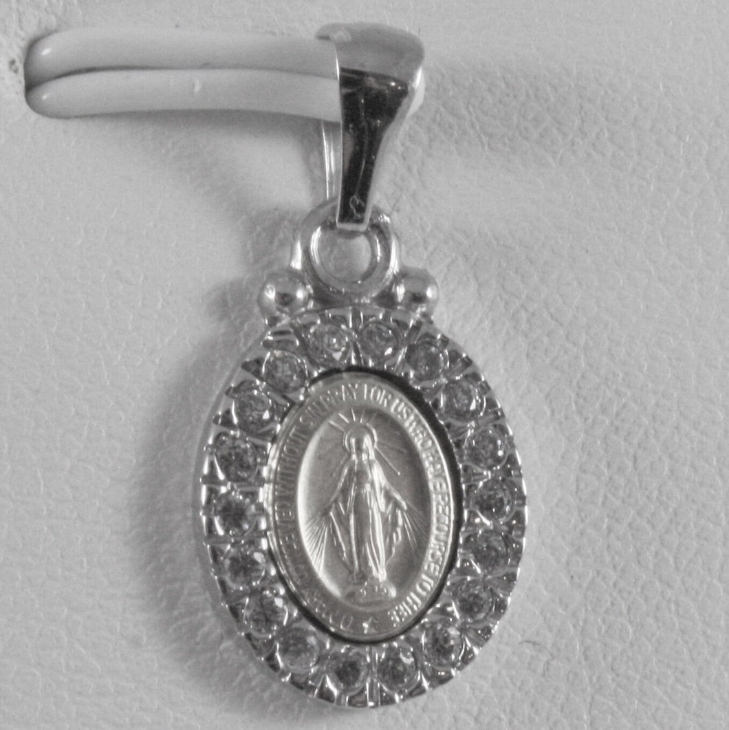 SOLID 18K WHITE GOLD ZIRCONIA MIRACULOUS MEDAL VIRGIN MARY MADONNA MADE IN ITALY