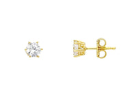 18K YELLOW GOLD STUD EARRINGS WHITE 5mm CUBIC ZIRCONIA, 6 PRONG, SOLITAIRE.