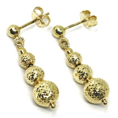 18K YELLOW GOLD PENDANT EARRINGS WORKED SPHERES 5-6-8 MM DIAMOND CUT, FACETED.
