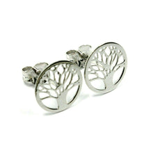 Load image into Gallery viewer, 9K WHITE GOLD LOBE STUDS EARRINGS, FLAT TREE OF LIFE, DIAMETER 10 MM, 0.4&quot;
