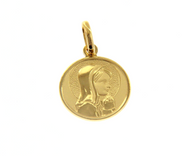 18K YELLOW GOLD PENDANT ROUND VIRGIN MARY IN PRAYER 15mm MEDAL ENGRAVABLE.