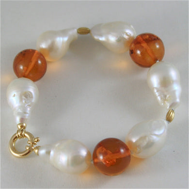 18k yellow gold bracelet with strand of pearls and amber 7.87 in made in Italy.