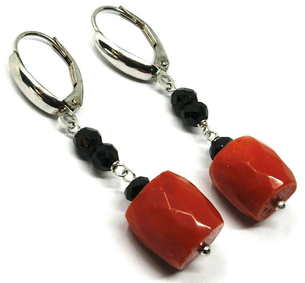 18k white gold pendant earrings, onyx, coral barrels, length 1.8 inches.
