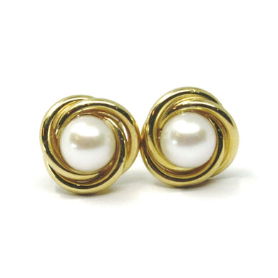 18k yellow gold pearl button earrings, 11 mm, 0.43 inches, flower braided spiral.
