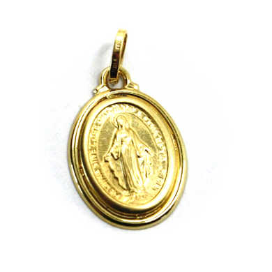 18k yellow gold oval medal 15x20mm Virgin Mary Madonna pendant with frame.