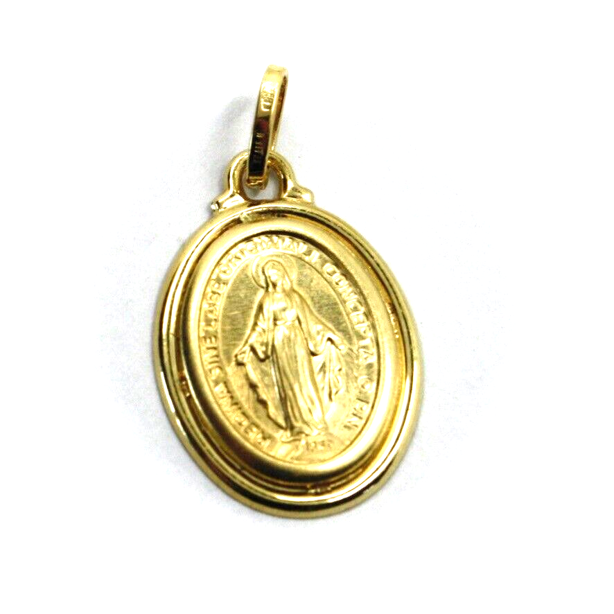 18k yellow gold oval medal 15x20mm Virgin Mary Madonna pendant with frame.