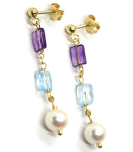 Load image into Gallery viewer, 18k yellow gold pendant earrings, pearl, blue topaz, amethyst, 1.54 inches.
