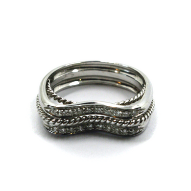 SOLID 18K WHITE GOLD DOUBLE WAVE 0.11 ct DIAMONDS RING GOLD ROPE IN THE MIDDLE.