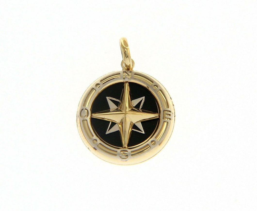 18k white yellow gold onyx 16 mm wind rose compass pendant, star, made in Italy