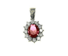 Load image into Gallery viewer, 18k white gold flower pendant big oval red 9x7mm crystal, cubic zirconia frame.
