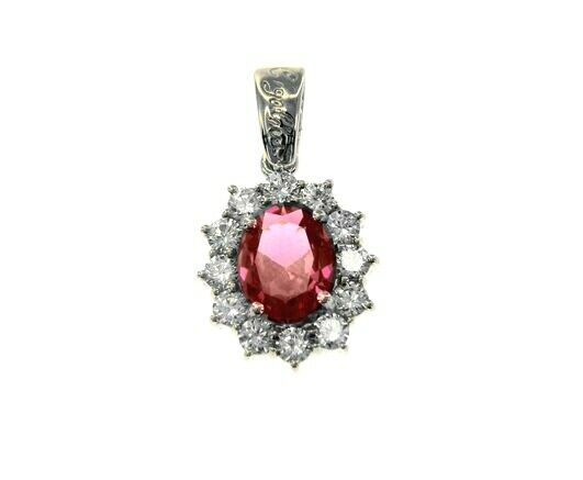 18k white gold flower pendant big oval red 9x7mm crystal, cubic zirconia frame.