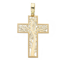 Load image into Gallery viewer, 18K YELLOW GOLD FLAT SQUARE STYLIZED CROSS WITH TREE OF LIFE LENGTH 29mm, 1.14&quot;.
