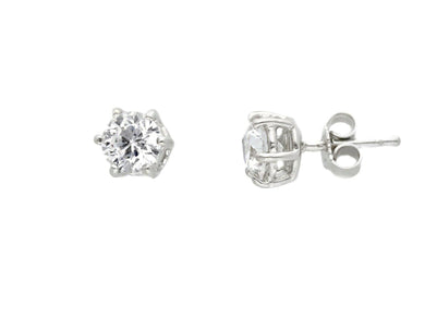18K WHITE GOLD STUD EARRINGS WHITE 7mm CUBIC ZIRCONIA, 6 PRONG, SOLITAIRE.