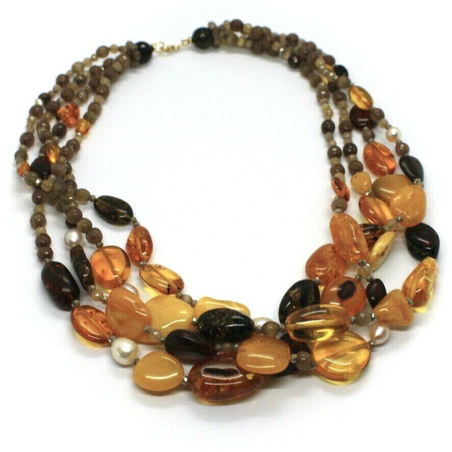 18K YELLOW GOLD FOUR WIRES NECKLACE DROP PEARLS, ORANGE AMBER, AGATE, 45cm 18